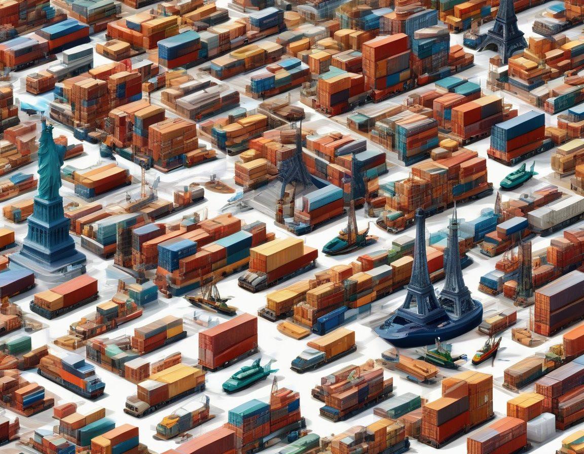 A bustling international market scene with diverse traders, showcasing goods from around the world; include shipping containers and a background of global landmarks like the Eiffel Tower and Statue of Liberty. Add visual elements that represent trade routes, such as planes and cargo ships in action. Use vibrant colors to highlight the diversity of products and cultures represented. super-realistic. vibrant colors. white background.
