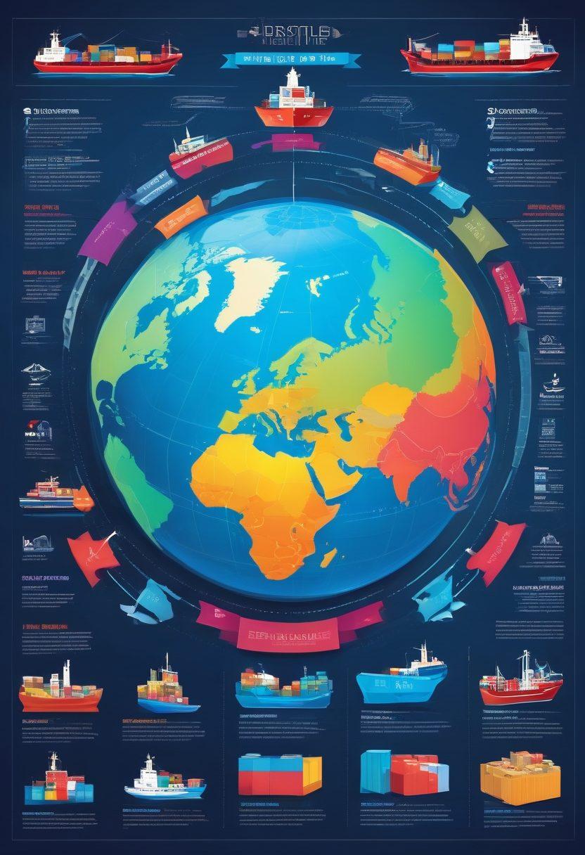 A detailed, flowing infographic depicting the international shipping process, featuring elements like cargo ships, customs forms, and a globe with trade routes. Include visual representations of freight logistics, customs clearance stamps, and a checklist for successful shipping. Use a modern, sleek design with vibrant colors to engage the reader. vector art. vibrant colors. clean layout.