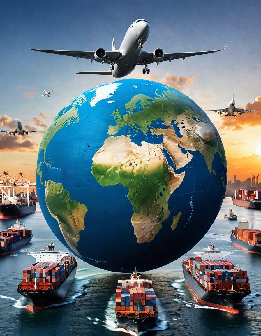 A globe surrounded by cargo ships and airplanes, illustrating the dynamic nature of overseas trade. Include diverse supply chain elements like warehouses and containers, with a backdrop of bustling trade ports. Infuse a modern business feel with digital overlays of strategies and graphs. Emphasize vibrant transportation methods and efficient logistics. super-realistic. vibrant colors. white background.